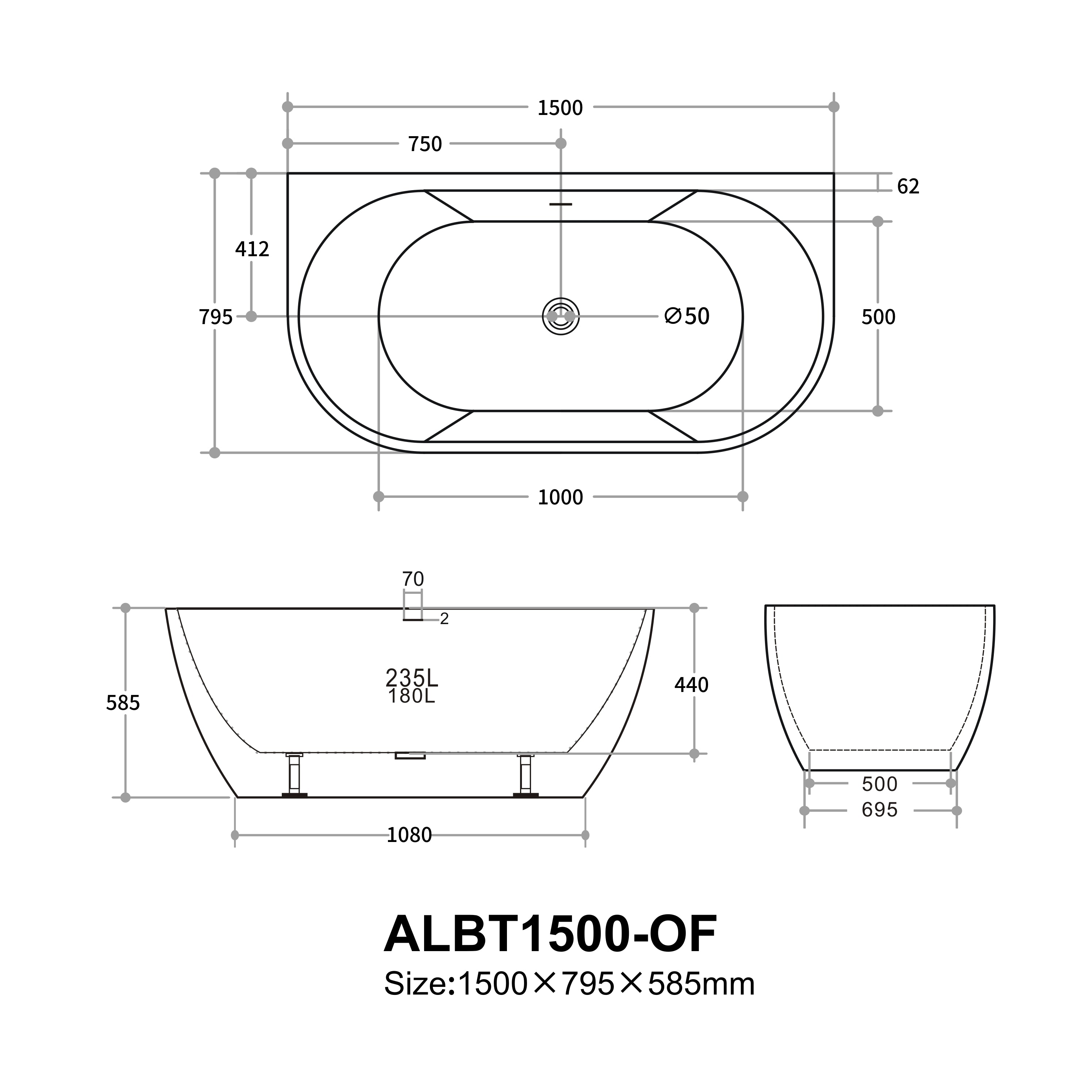 Deltora Back to Wall Bathtub 1500/1700mm
