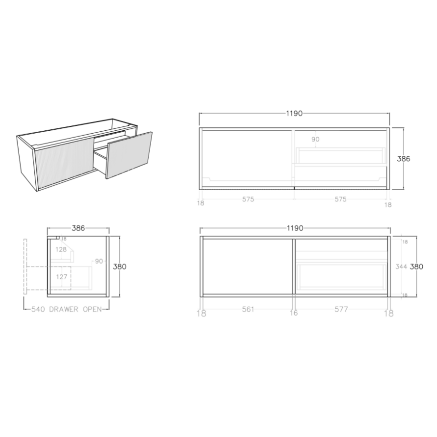 Bellevue Slim Wall-Mounted Vanity 1190*386*380mm Coastal Oak