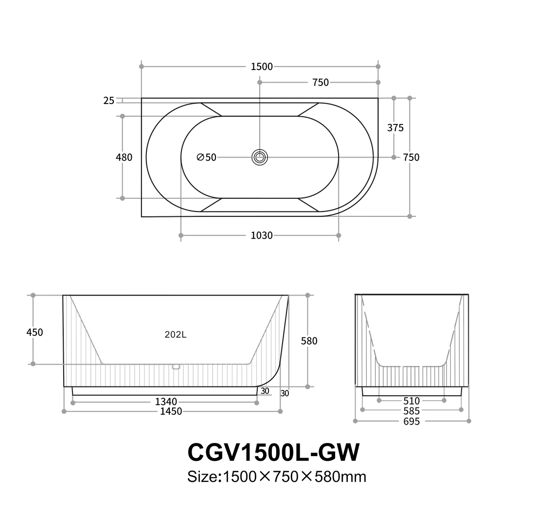 Capri Fluted Corner Freestanding Bathtub 1500/1700mm CGV1500L/R-GW/MW/MB/CGV1700L/R-GW/MW/MB