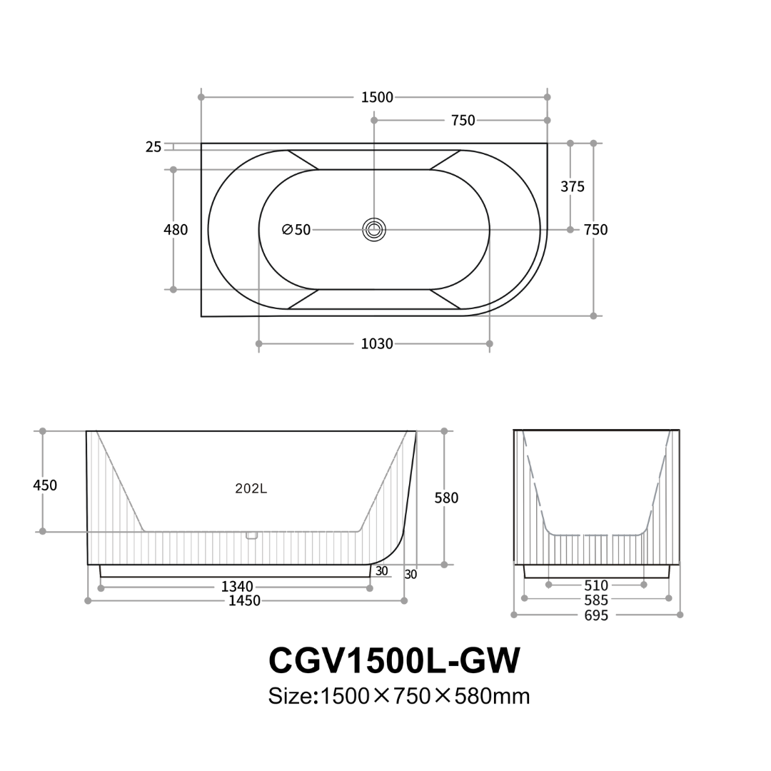 Carpi Groove Oval Bathtub 1500/1700mm