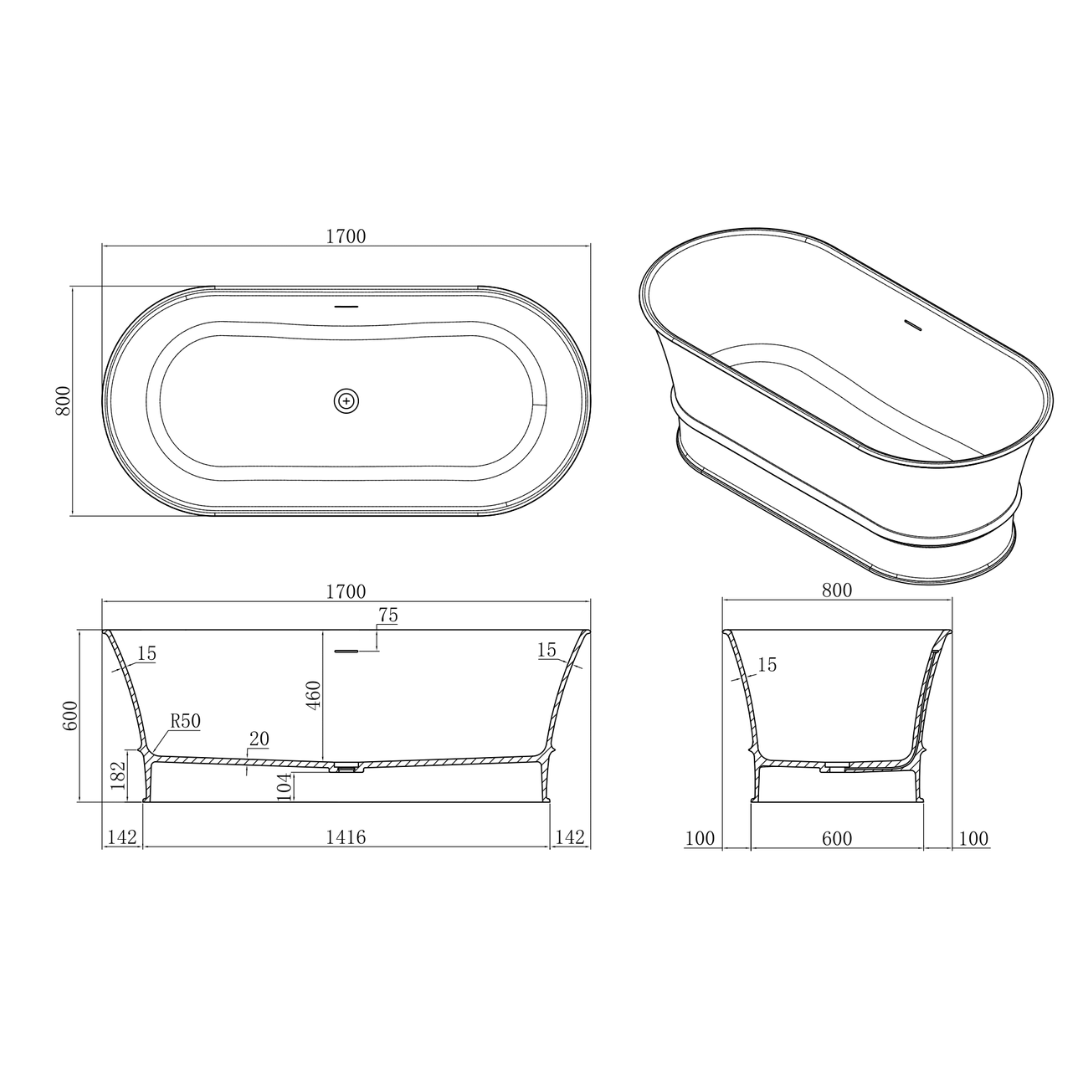 Belmont Oval Solid Surface Stone Freestanding Bathtub 1500/1700mm