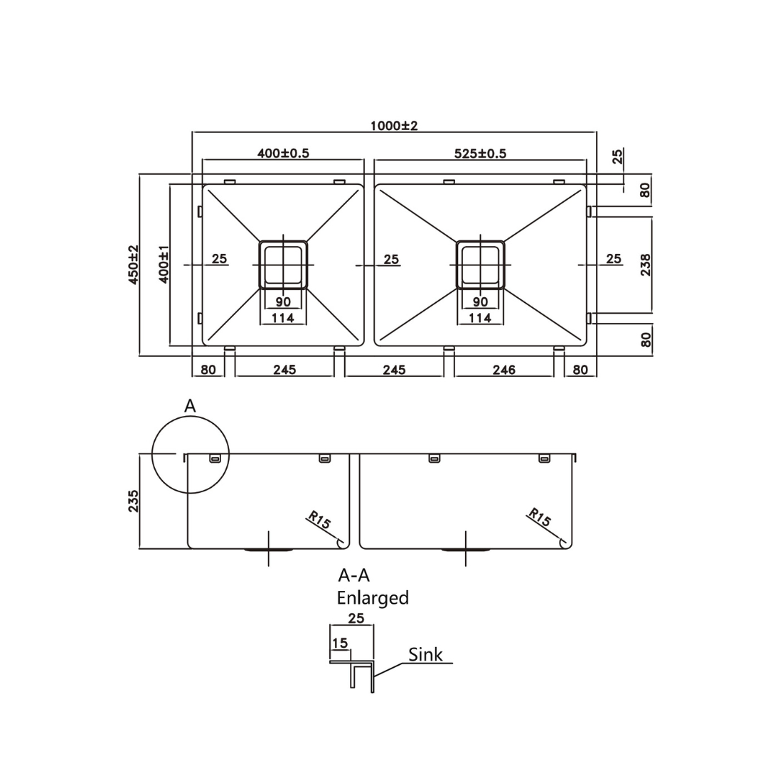 Stainless Steel Kitchen Sink 1000×450×235mm