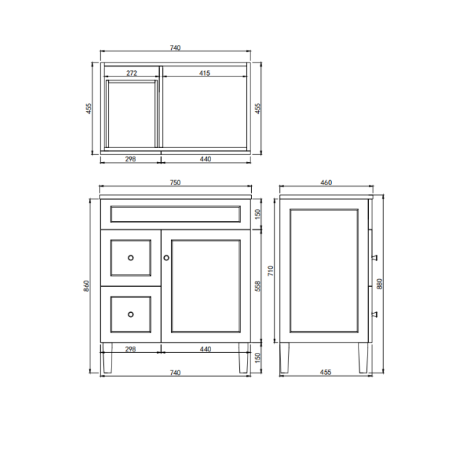 Ashford Floor Vanity 740*455*880mm Matte Black