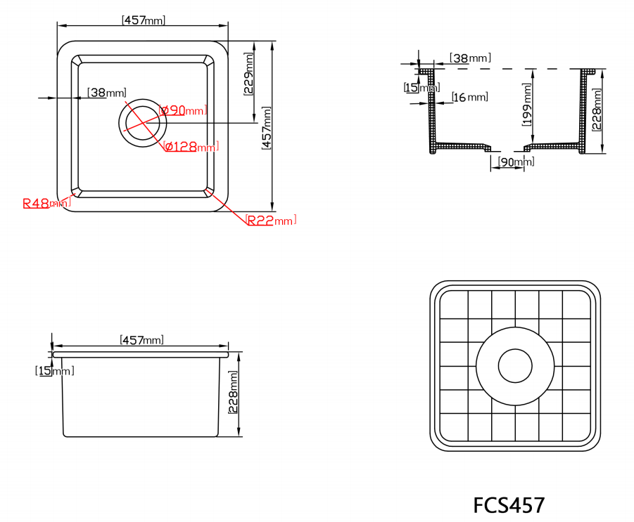 457mm X 457mm X 228mm Gloss White Sink Camden FCS457