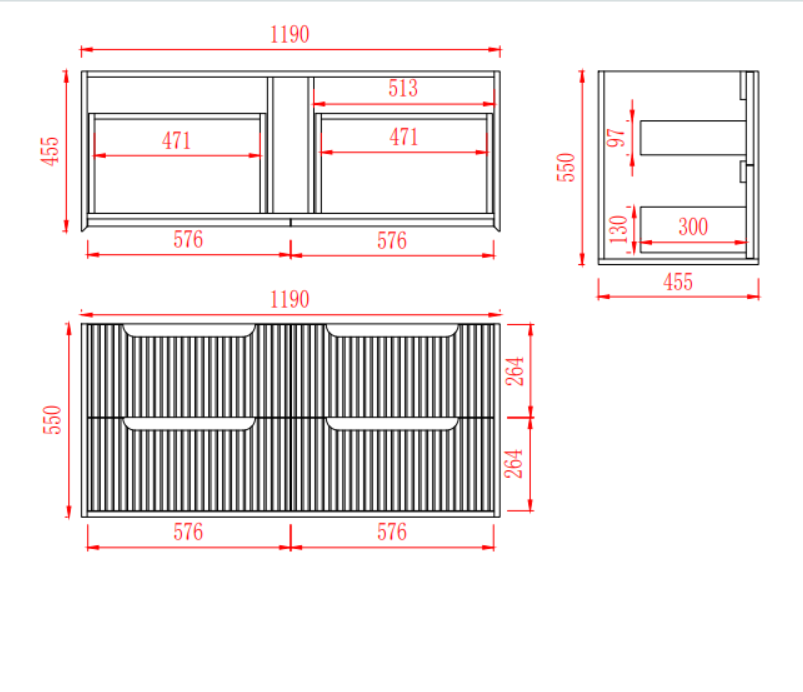 Brooklyn Fluted Wall Hung Vanity 1190*455*550mm