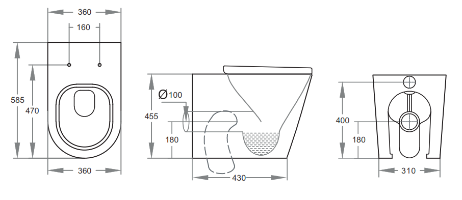 585*360*455mm Rimless Wall Hung Pan LUX107R Trap Included