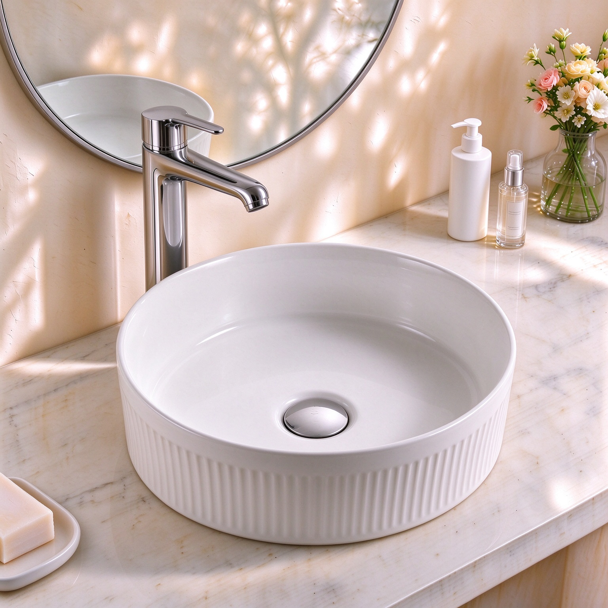 VITO Athena Fluted Round Premium Ceramic Above-Counter Basin 410*410*120mm