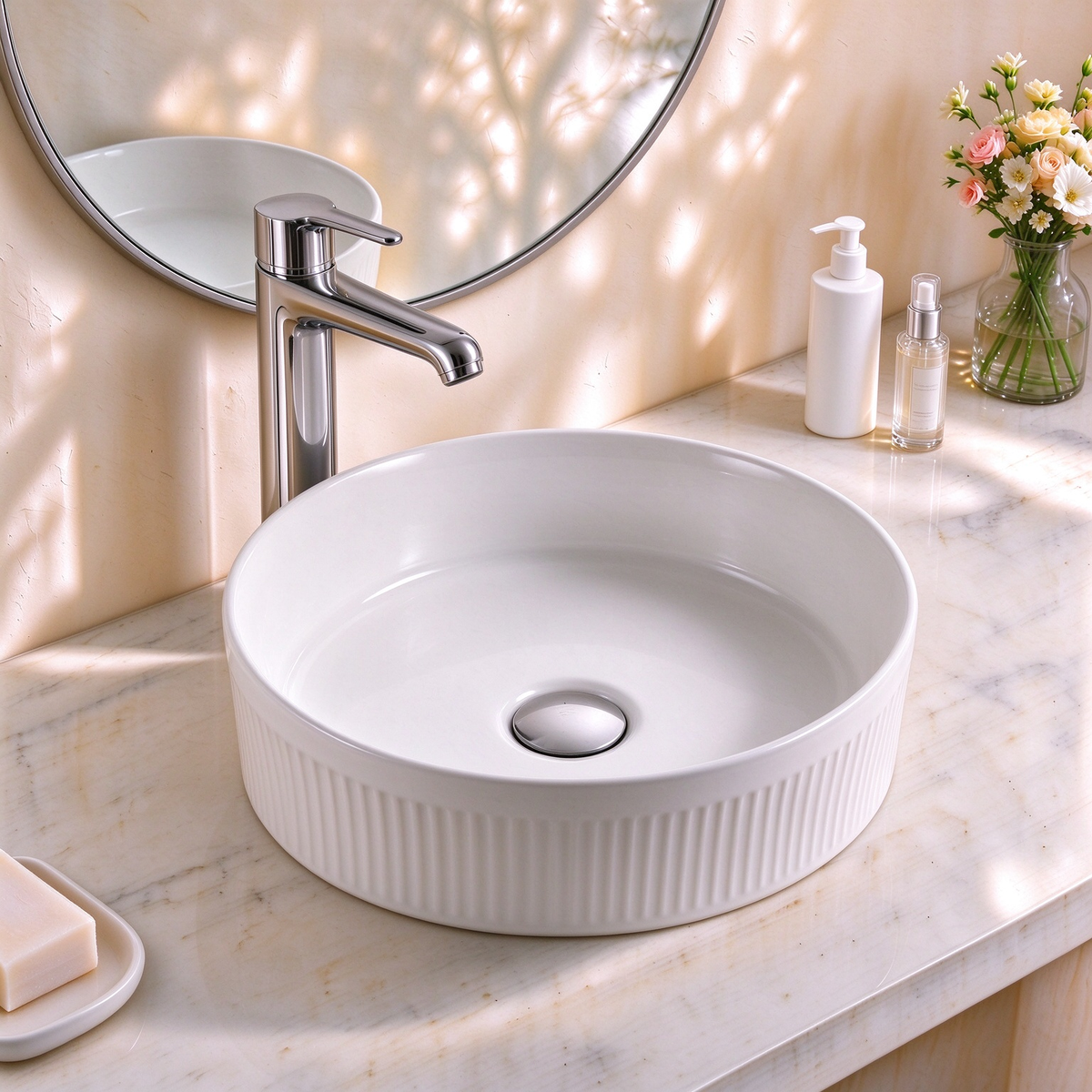 VITO Athena Fluted Round Premium Ceramic Above-Counter Basin 410*410*120mm