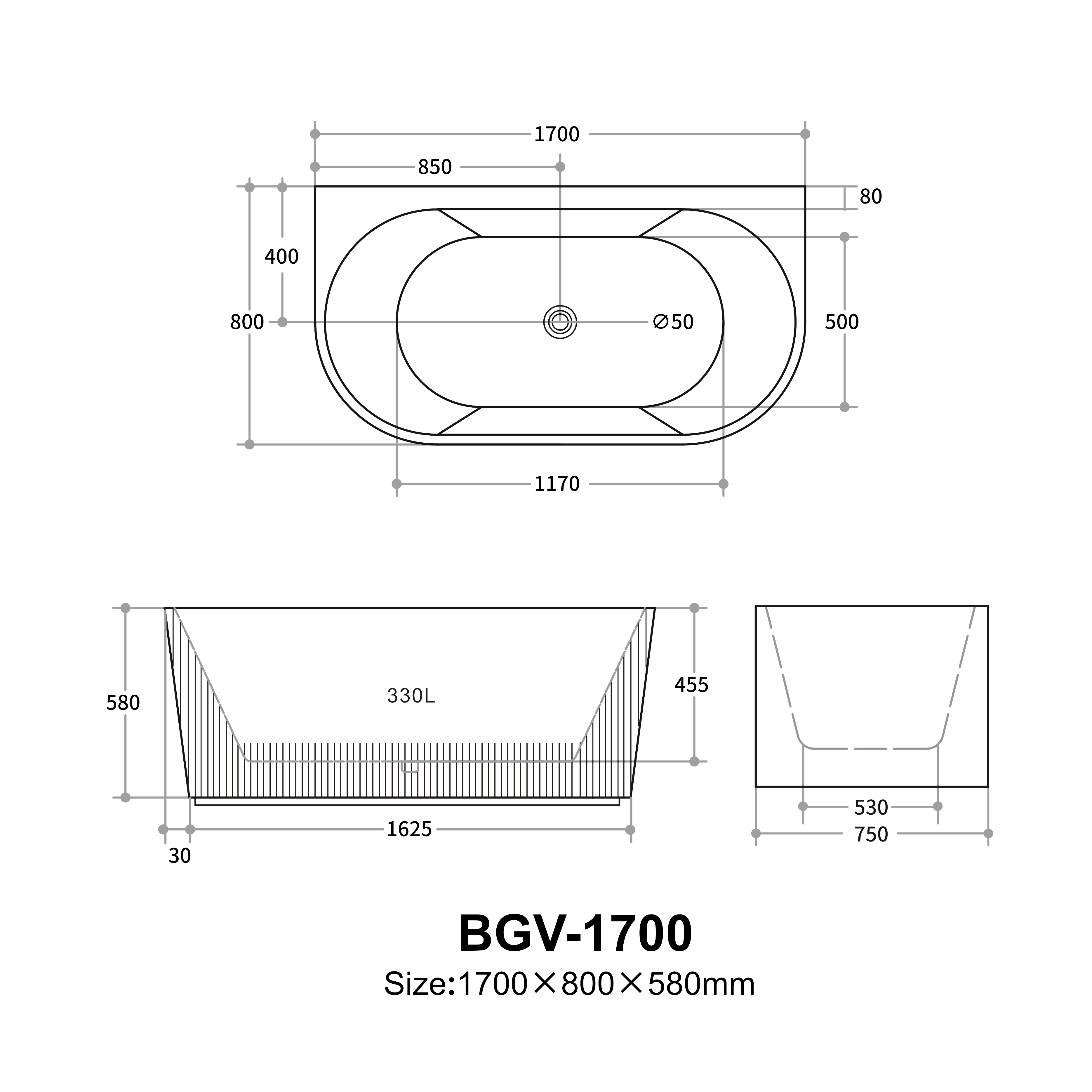 Rochelle Fluted Back to Wall Bathtub 1500/1700mm