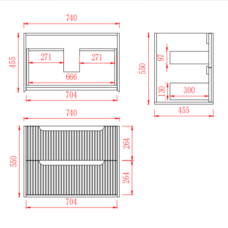 Brooklyn Fluted Wall Hung Vanity 740*455*550mm
