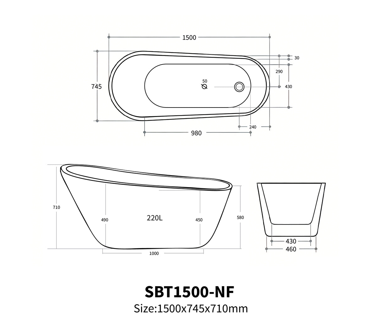 Selene Freestanding Bathtub, Gloss White, 1500mm / 1700mm, No Overflow, Plug & Waste Excluded