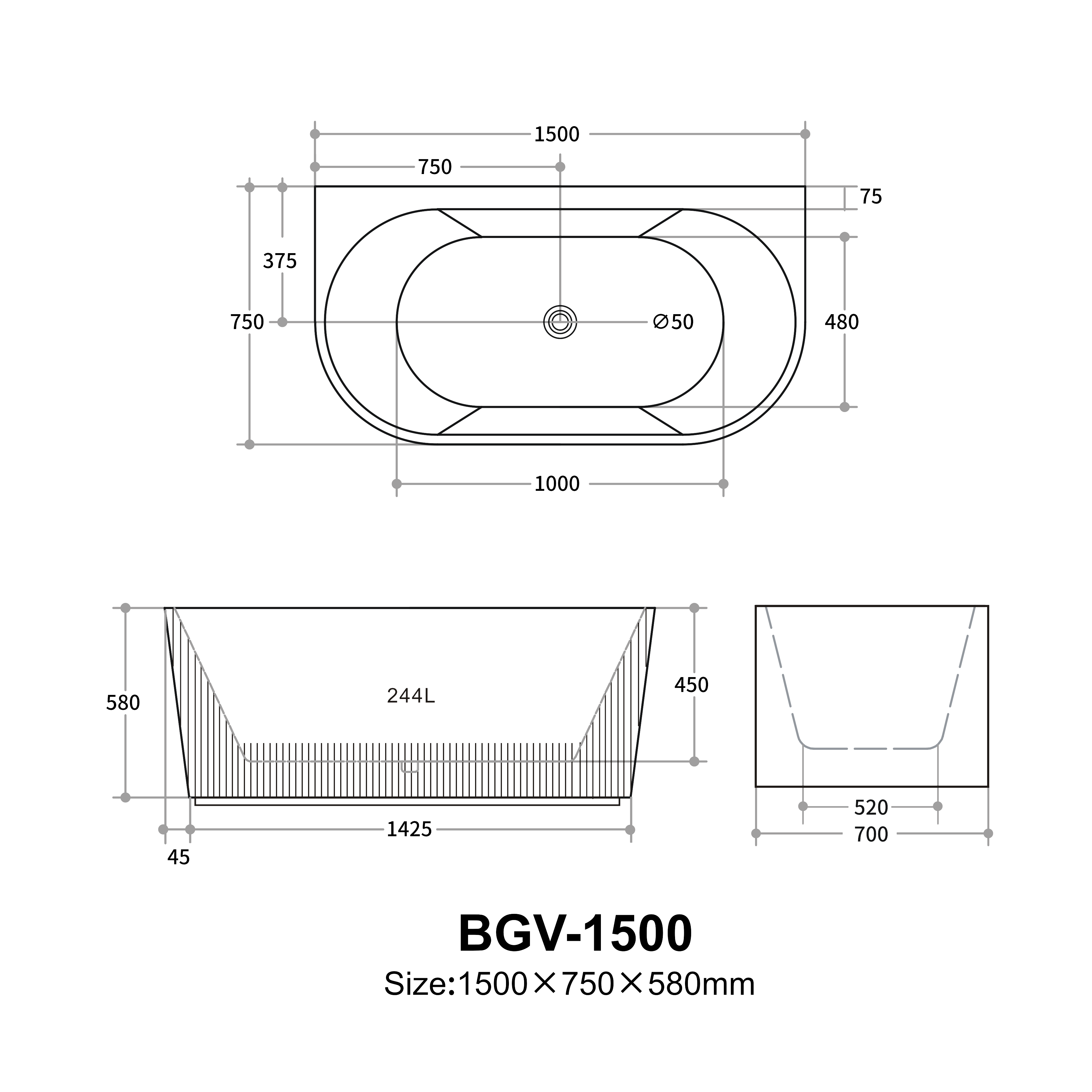 Rochelle Fluted Back to Wall Bathtub 1500/1700mm