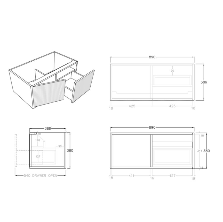 Bellevue Slim Wall-Mounted Vanity 890*386*380mm Prime Oak