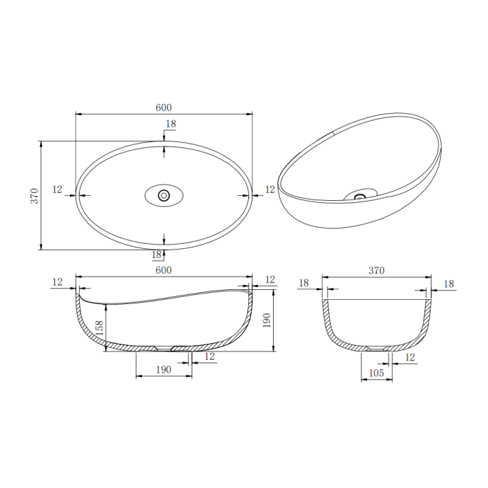 Flux Solid Surface Soaking Tub 600*370*190mm