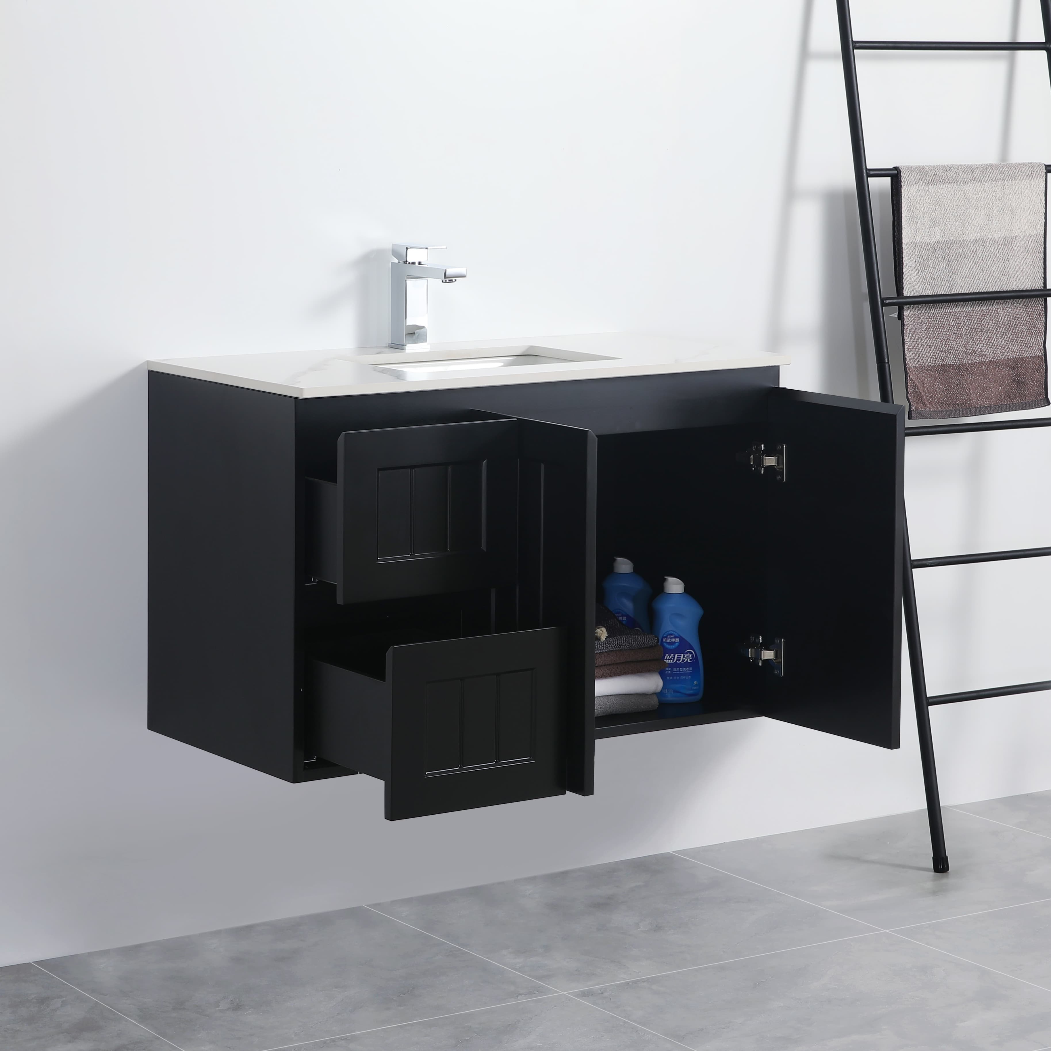 Acacia Wall-Mounted Vanity 900*460*580mm Matte Black Left Drawers