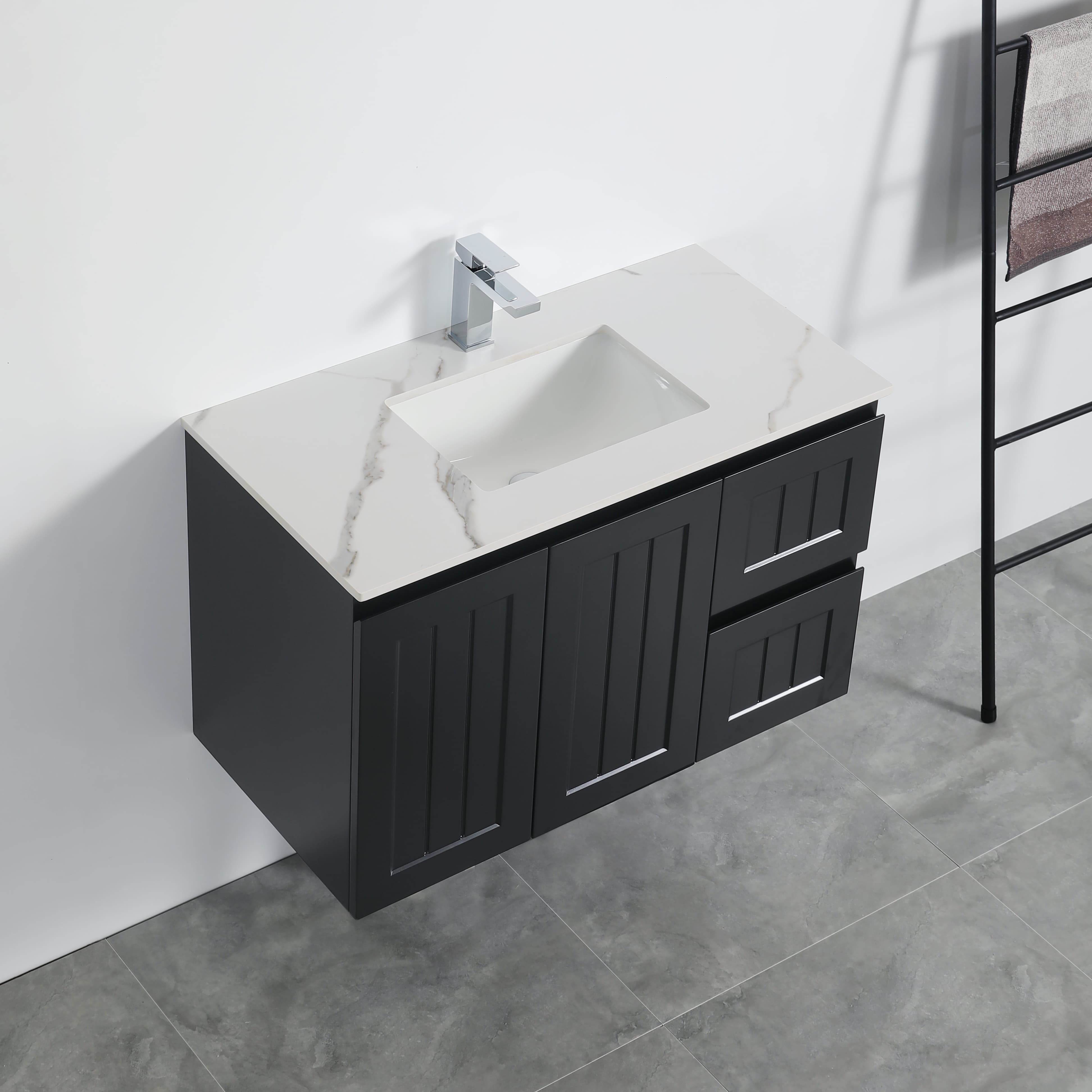 Acacia Wall-Mounted Vanity 900*460*580mm Matte Black Right Drawers