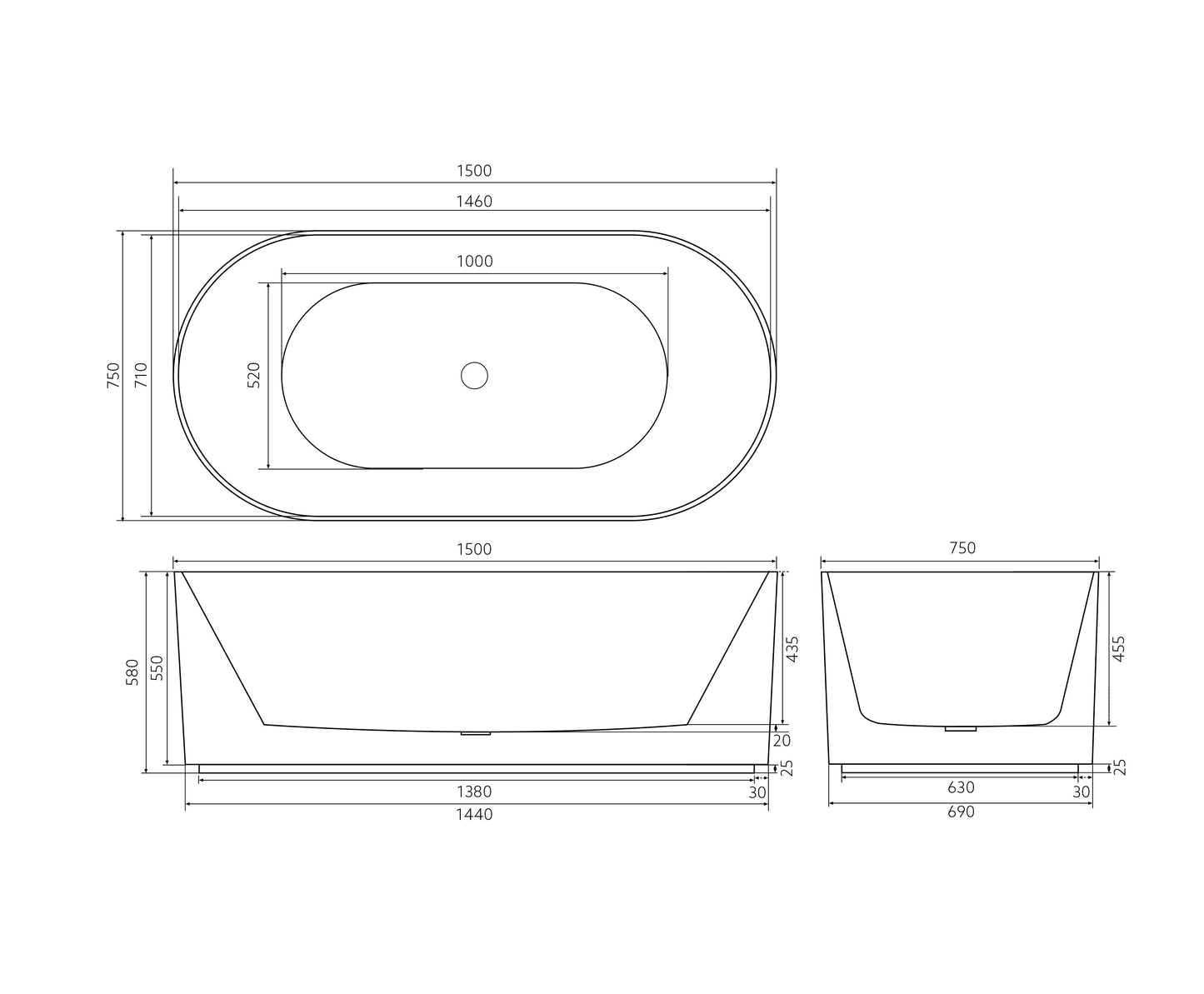 1500mm X 750mm X 580mm Ally Groove Bathtub Freestanding AGV1500