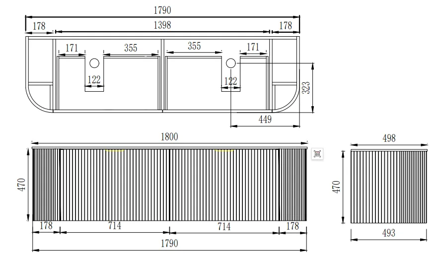 Wall-Mounted PVC Fluted Curved Cabinet with Inner Drawers 1200/1500/1800mm