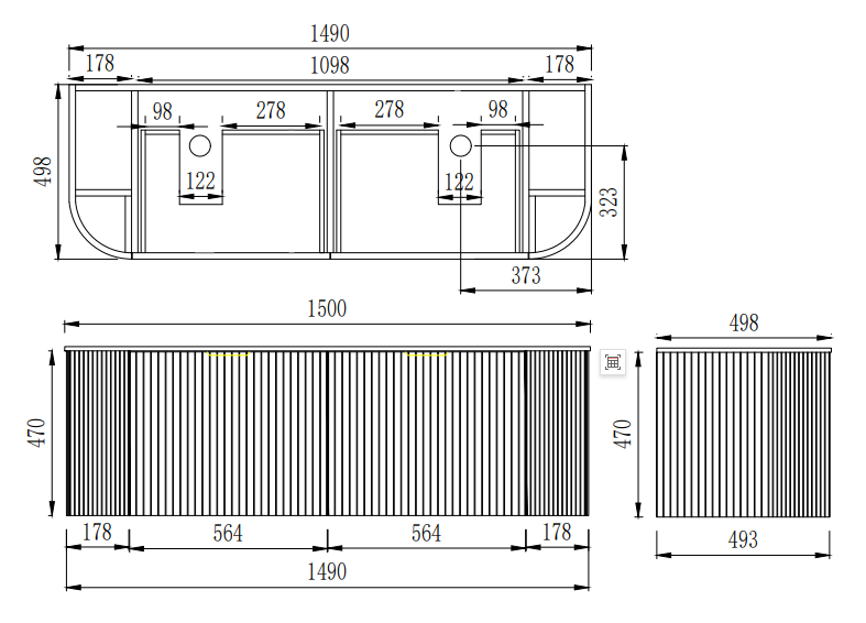 CETO Artis Wall-Hung PVC Fluted Curved Cabinet with Inner Drawers 1200/1500mm ARD1200W/1220/1500W/1550W-S-CO/PO/WAL