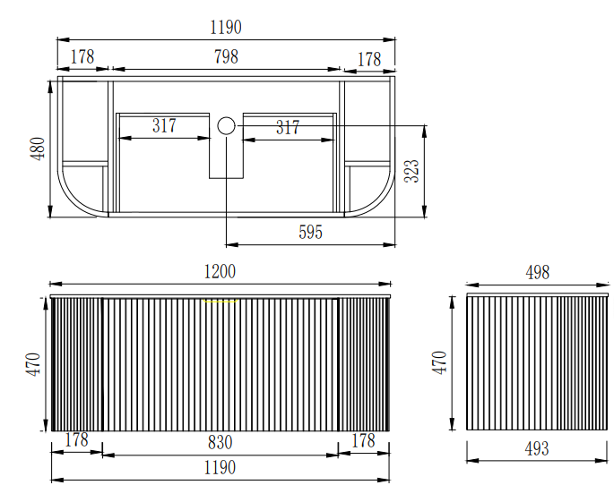 CETO Artis Wall-Hung PVC Fluted Curved Cabinet with Inner Drawers 1200/1500mm ARD1200W/1220/1500W/1550W-S-CO/PO/WAL