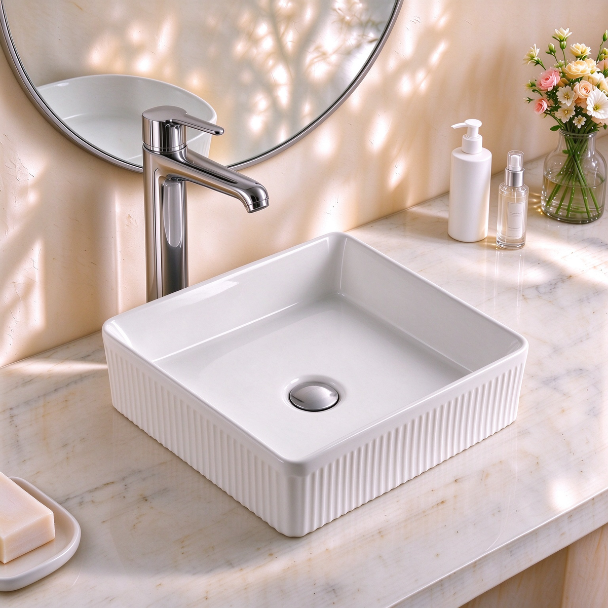 VITO Athena Fluted Square Premium Ceramic Above-Counter Basin 400*400*130mm