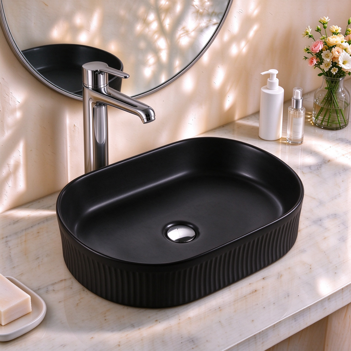 VITO Athena Fluted Oval Premium Ceramic Above-Counter Basin 590*370*100mm