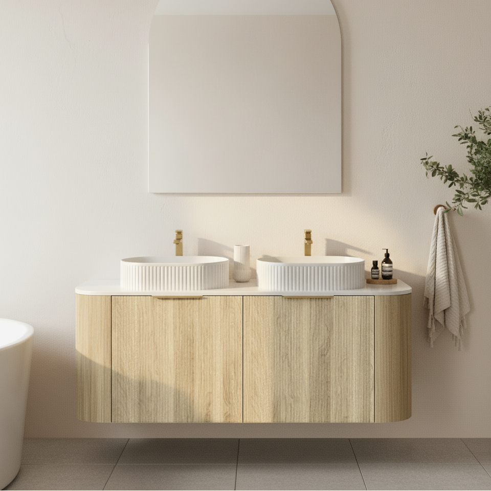 Wall-Mounted PVC Fluted Curved Cabinet with Inner Drawers 1200/1500mm