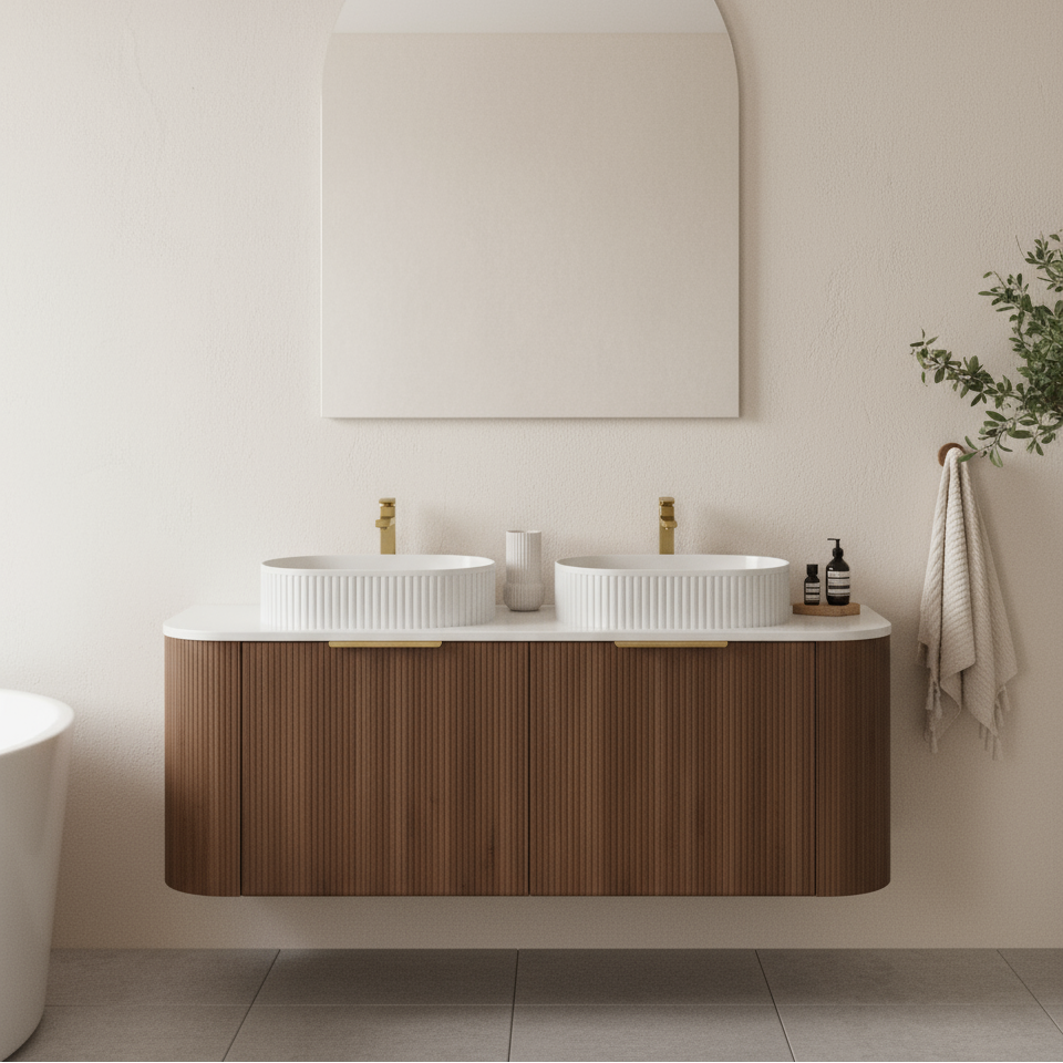 Wall-Mounted PVC Fluted Curved Cabinet with Inner Drawers 1200/1500mm