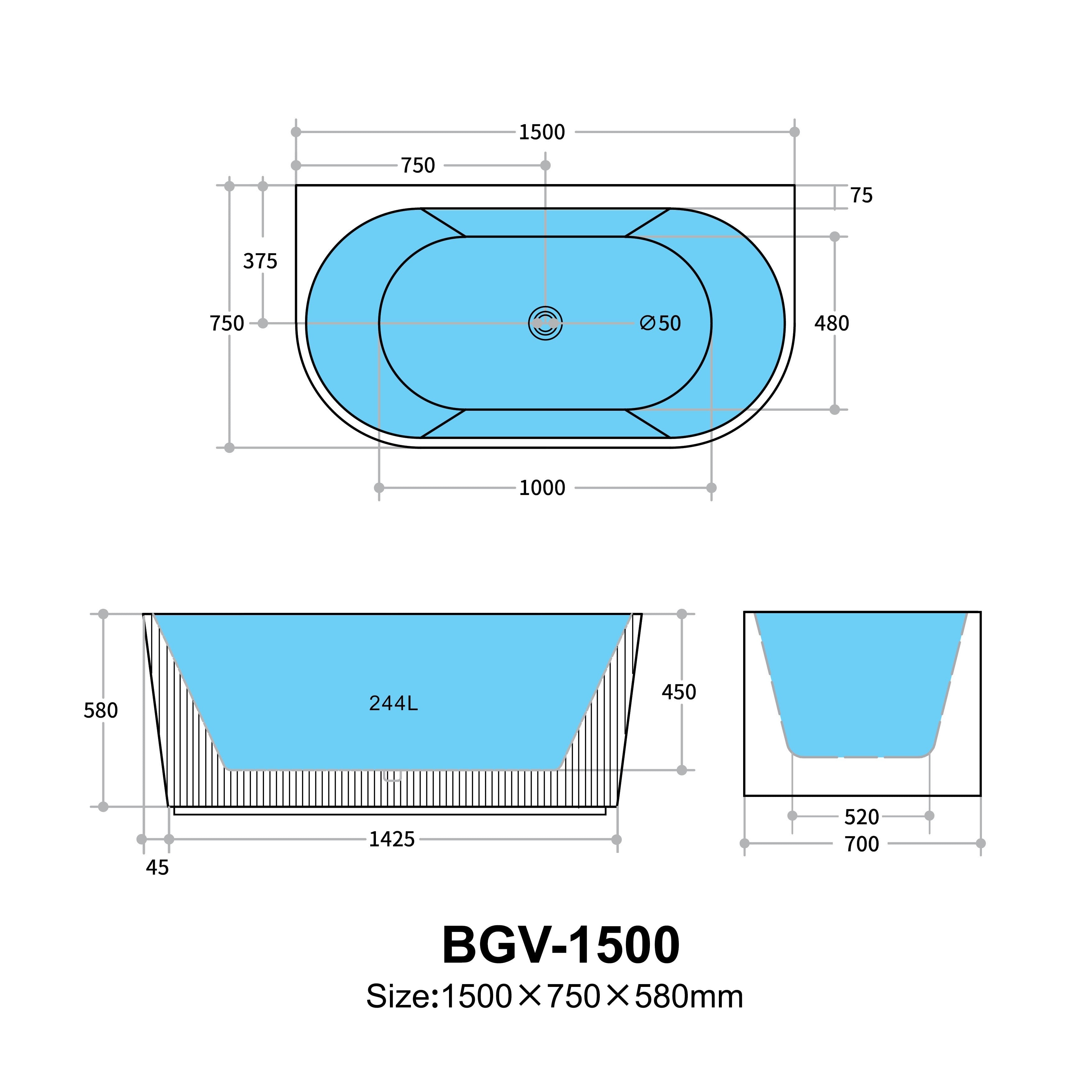 Rochelle Oval Back to Wall Bathtub 1500x750x580mm