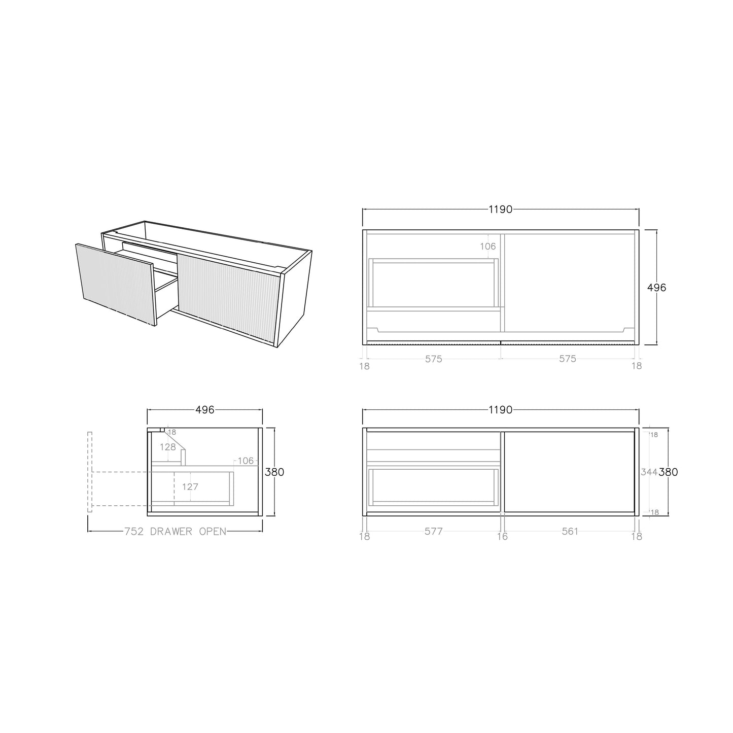 1200mm Bellevue Standard Color Wall Hung K125LW-PO Cabinet ONLY