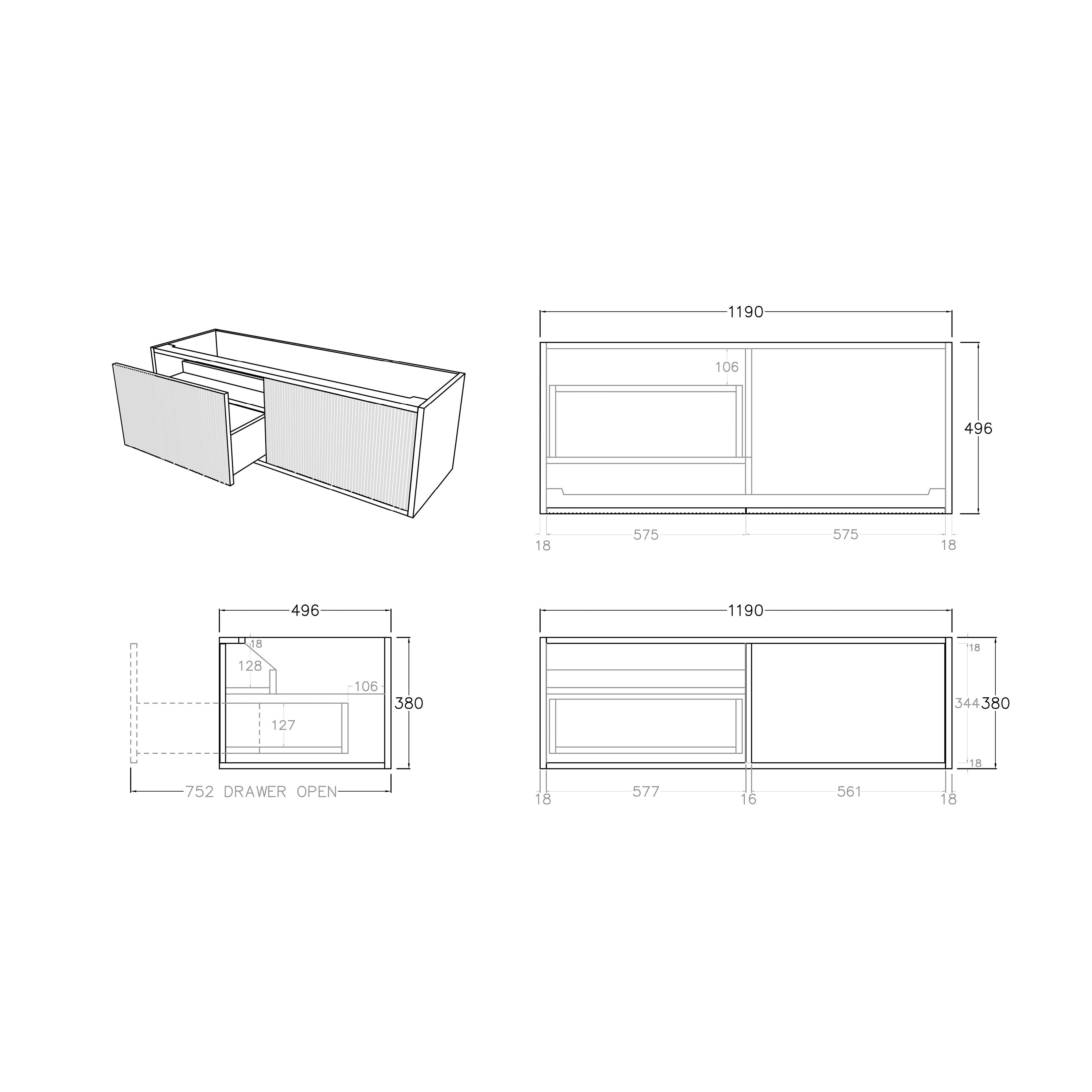 Bellevue Standard Wall-Mounted Vanity 1190*496*380mm Coastal Oak