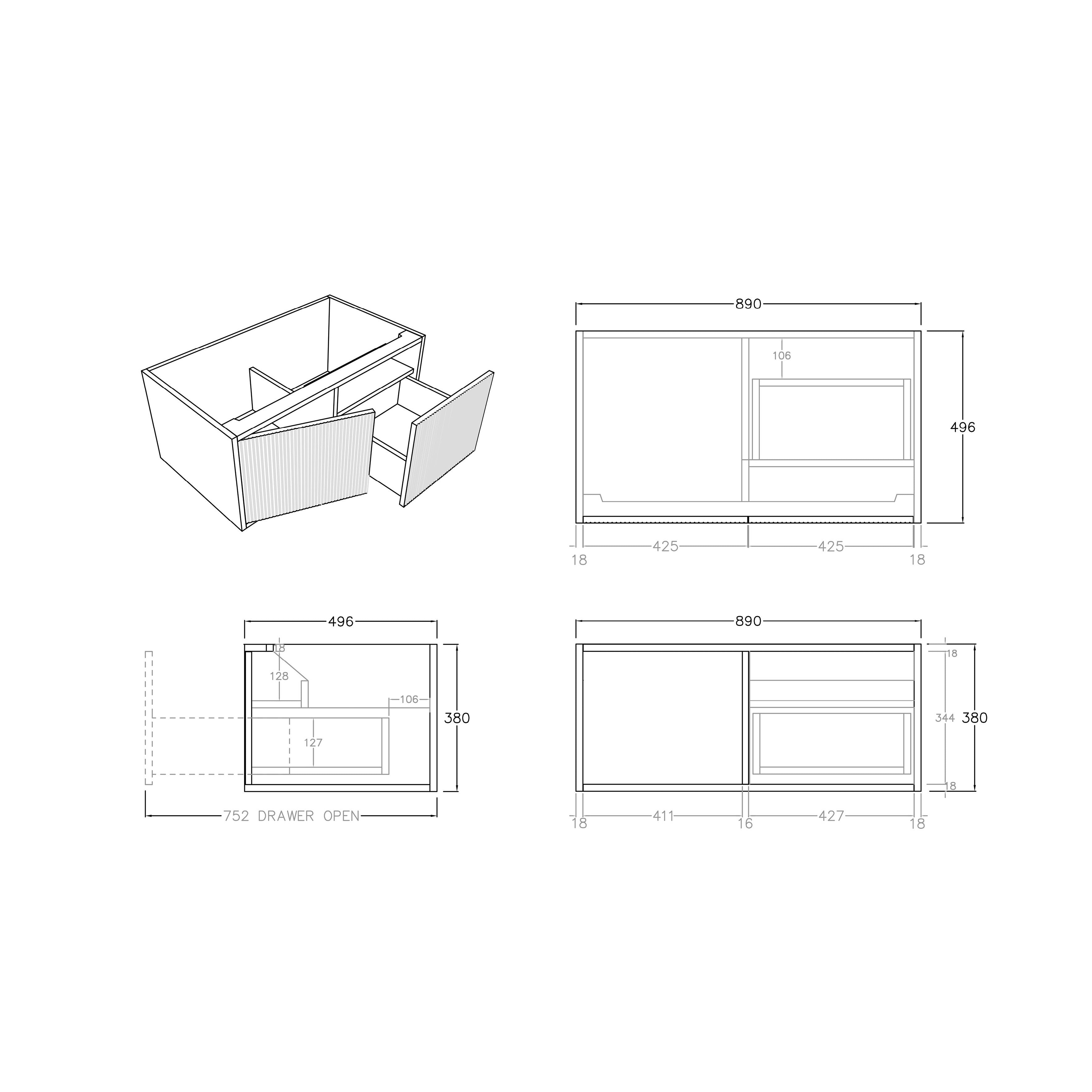 Cielo Slim Wall-Mounted Vanity 590/740/890mm