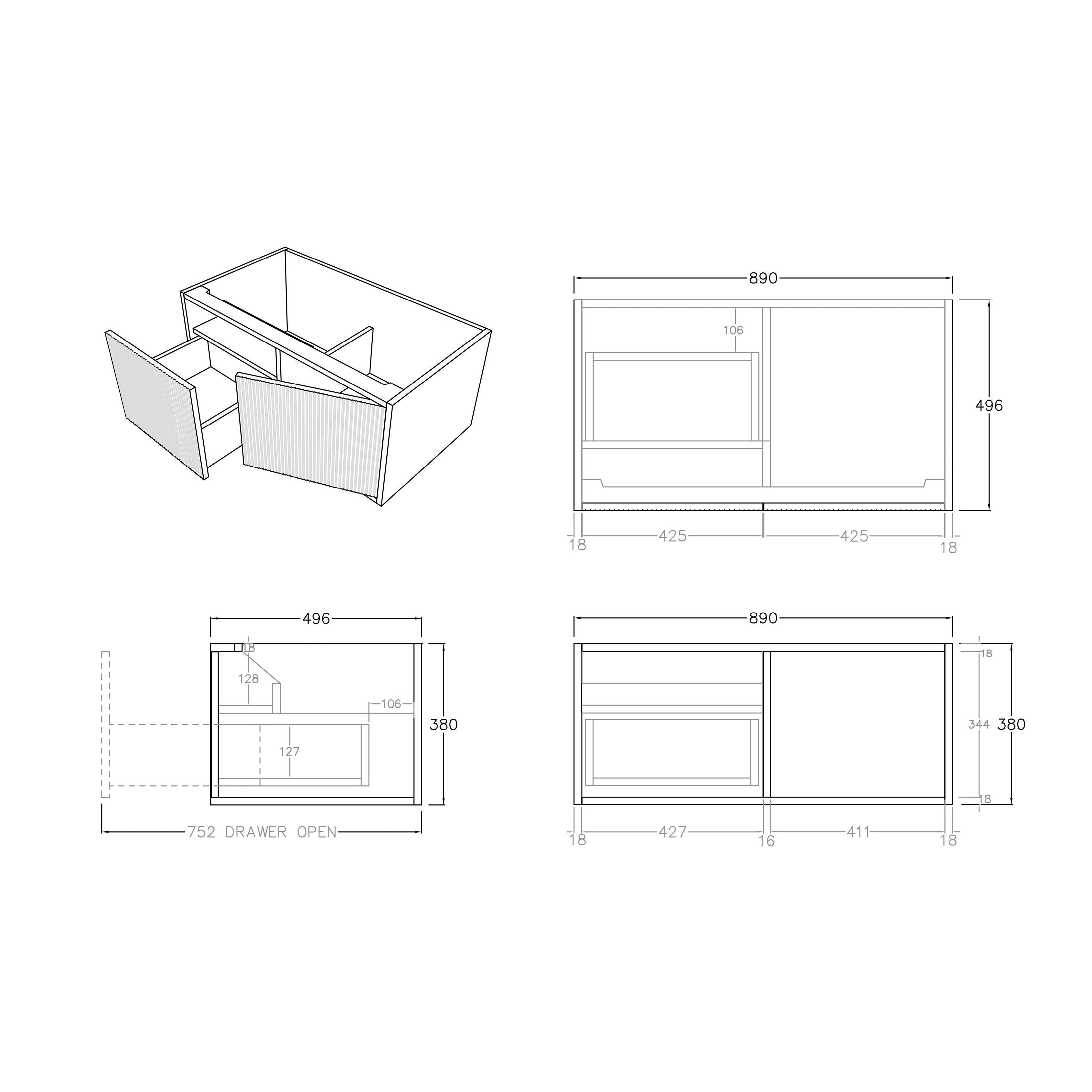 Bellevue Standard Wall-Mounted Vanity 890*496*380mm Prime Oak