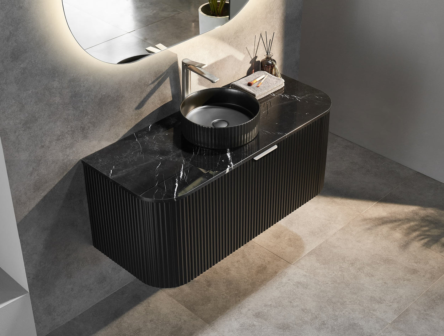 Wall Hung PVC Cabinet Matte Black Curve Edge Size:1190*493*470mm
