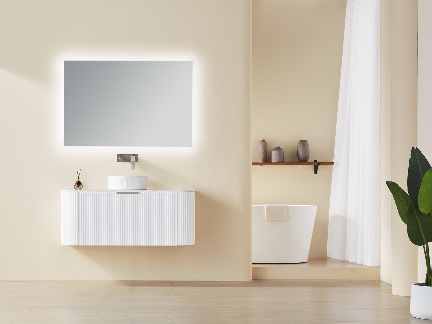 Wall Hung PVC Cabinet Matte White Curve Edge Size:1190*493*470mm