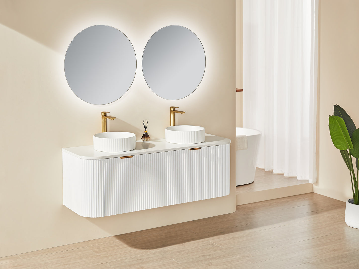 Wall Hung PVC Cabinet Matte White Curve Edge Size:1490*493*470mm