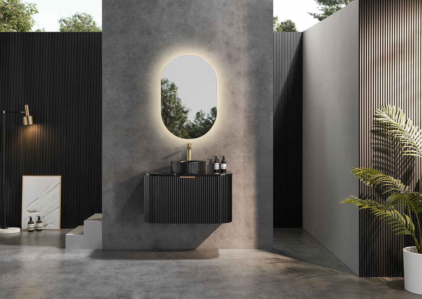Wall Hung PVC Cabinet Matte Black Curve Edge Size:890*493*470mm