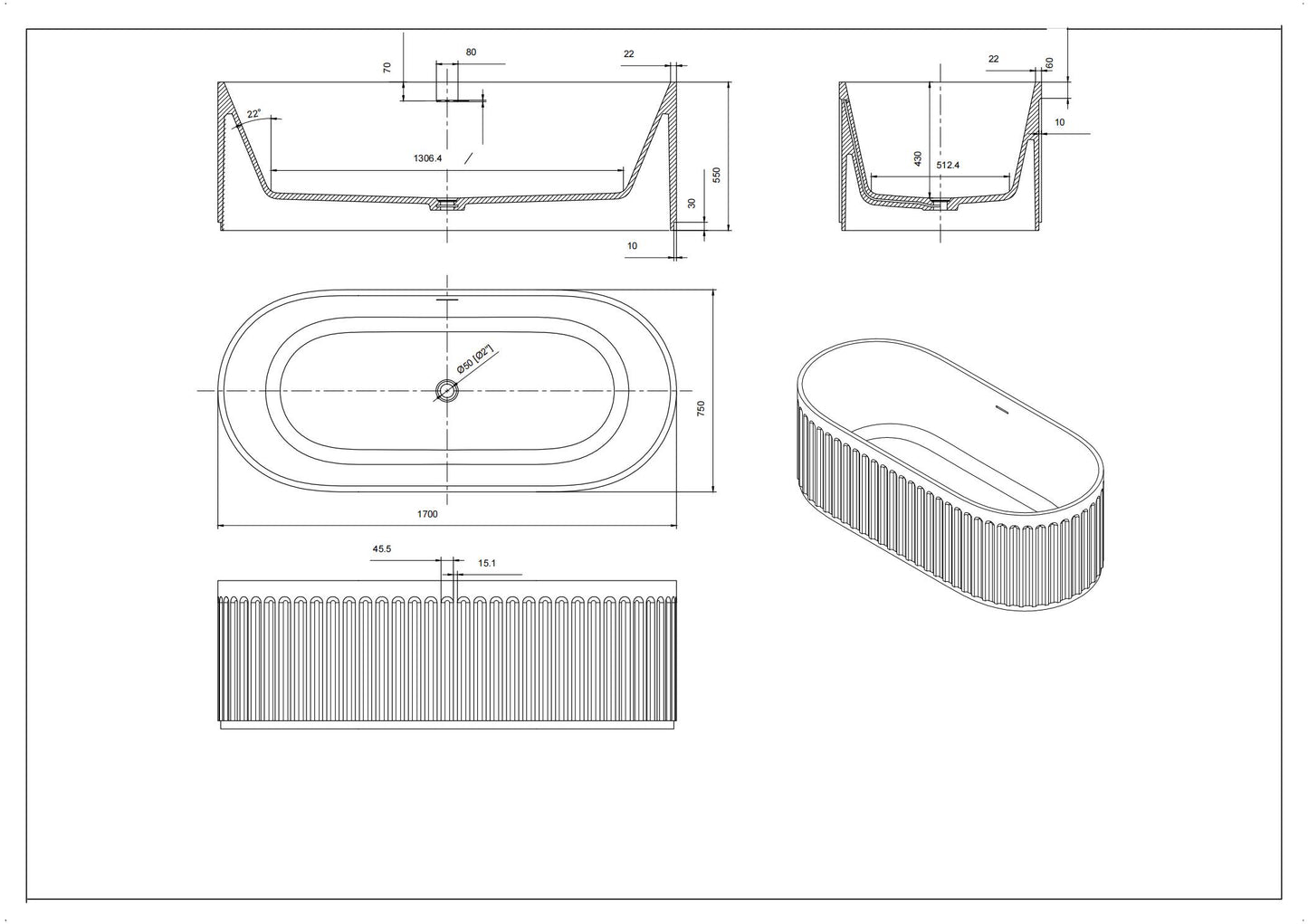 1700mm X 750mm X 550mm Matte Black Cascade CABT1700