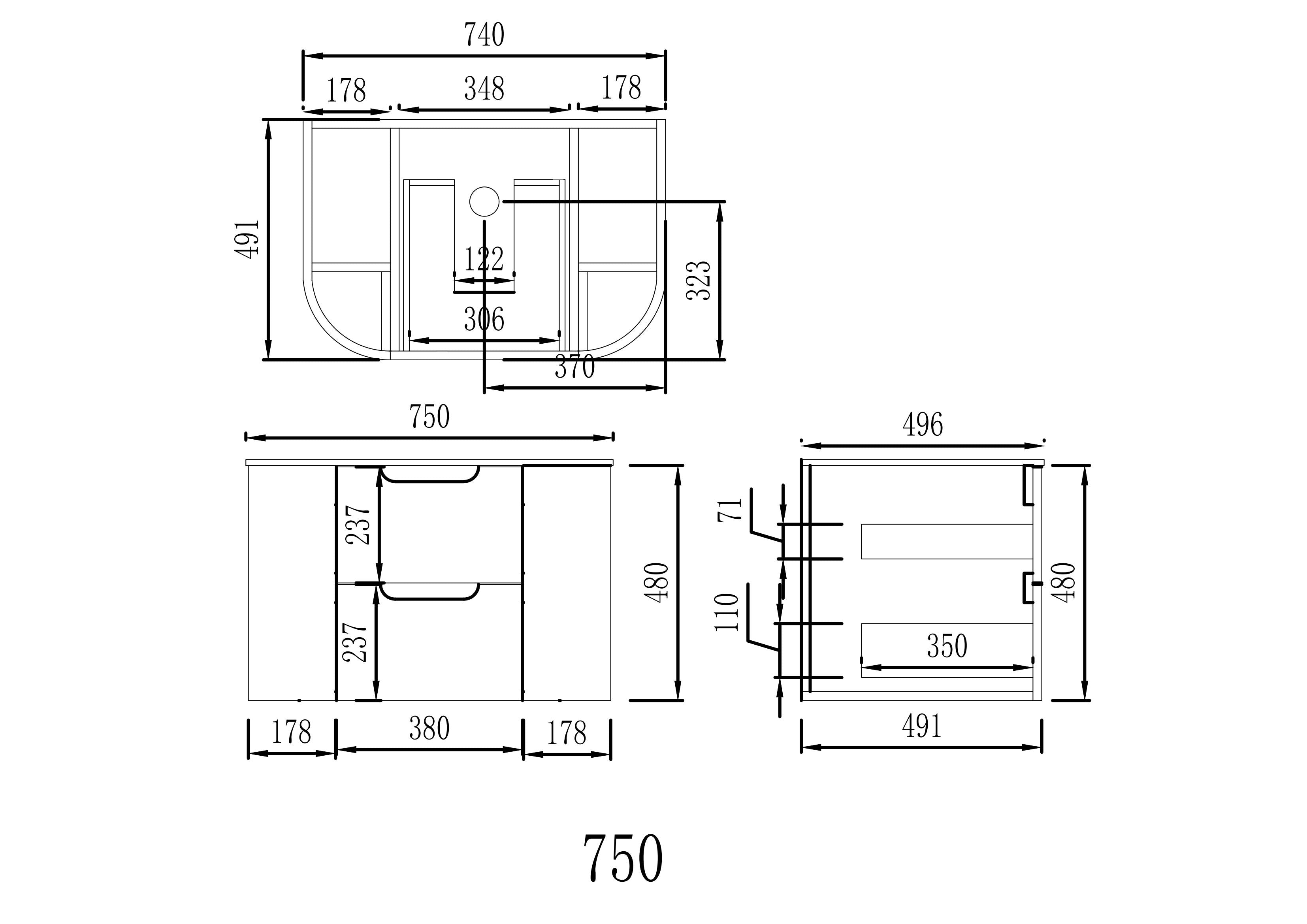 VITO CALVO Fluted Wall-Hung Curved Cabinet with Soft Closing Drawers 750/900 CAL750W-CO/CAL900W-CO