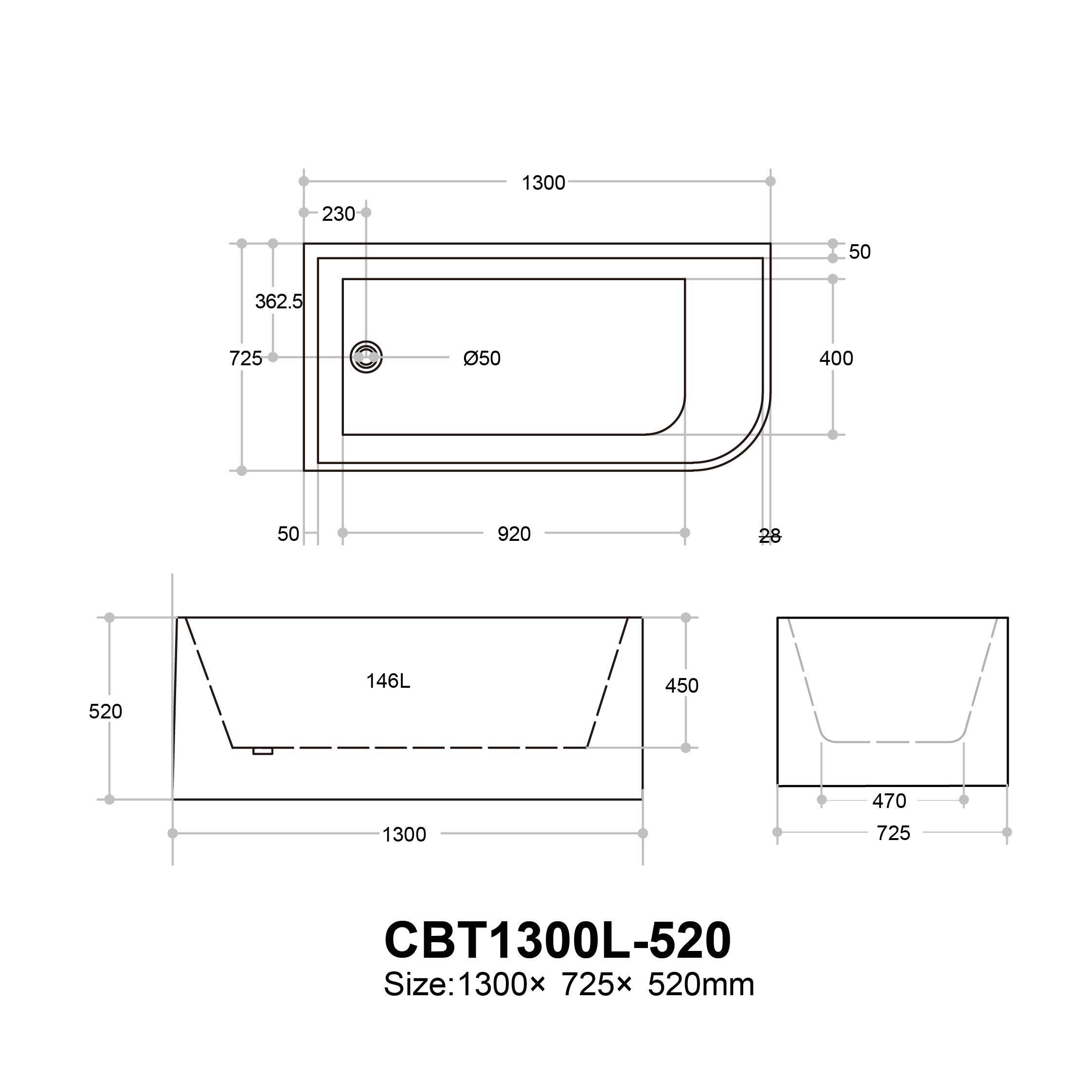 Casey Left/Right Corner Bath - Gloss White, Non-Overflow, Multiple Sizes(Height 520mm)