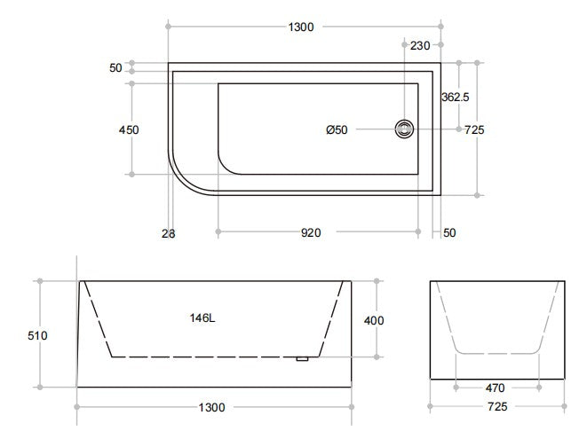 Madria Right Corner Bath 1300-1700mm