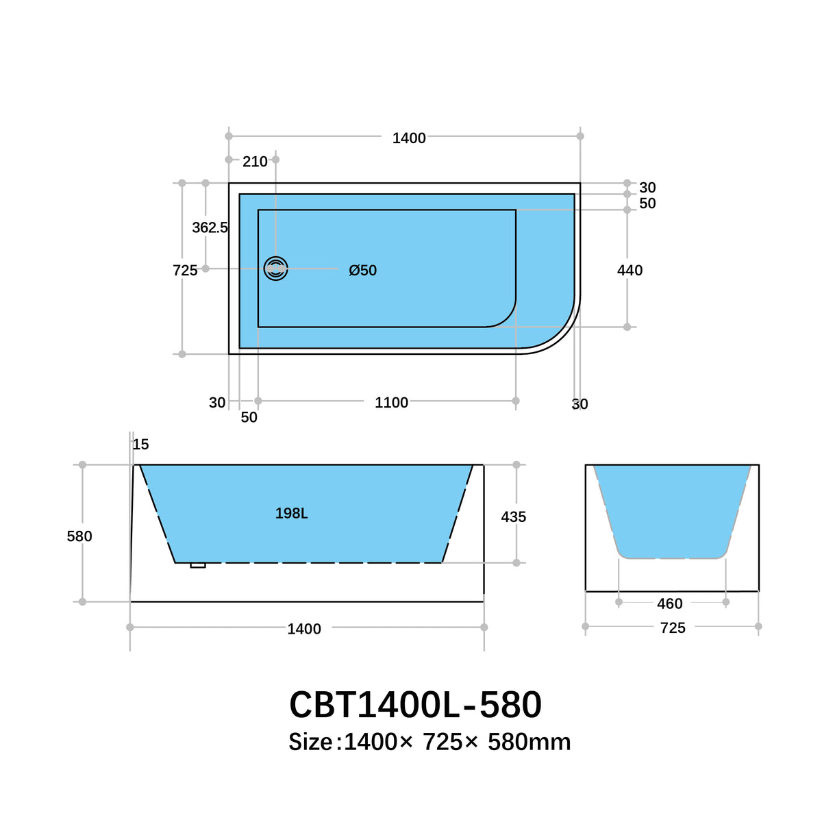 Casey Left Corner Bath 1300-1700mm(Height 510mm/580mm)