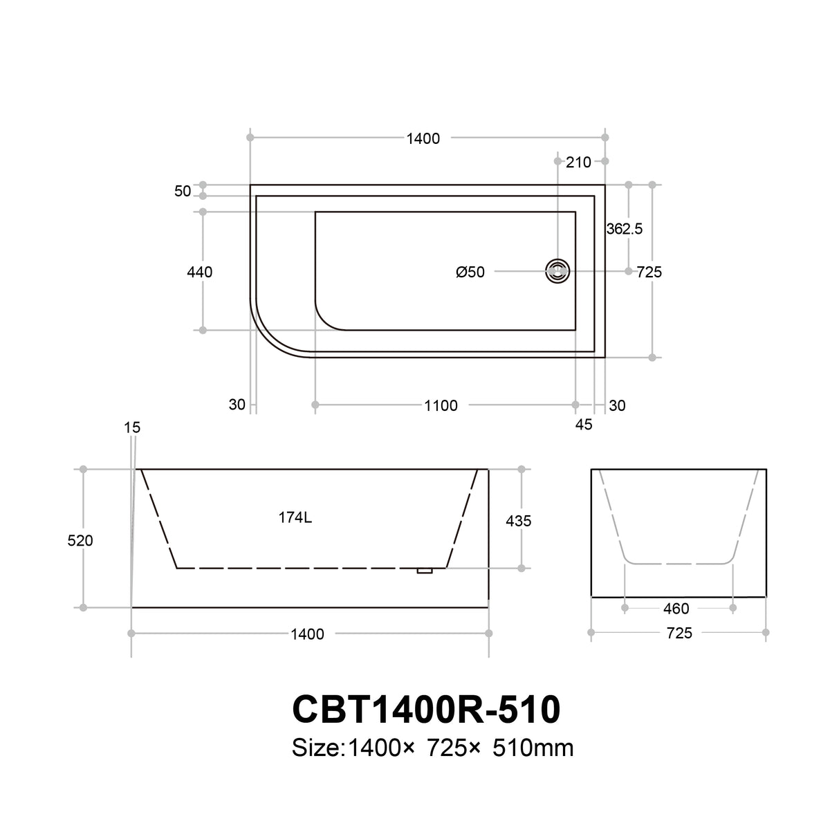 Casey Right Corner Bath 1300-1700mm(Height 510mm/580mm)