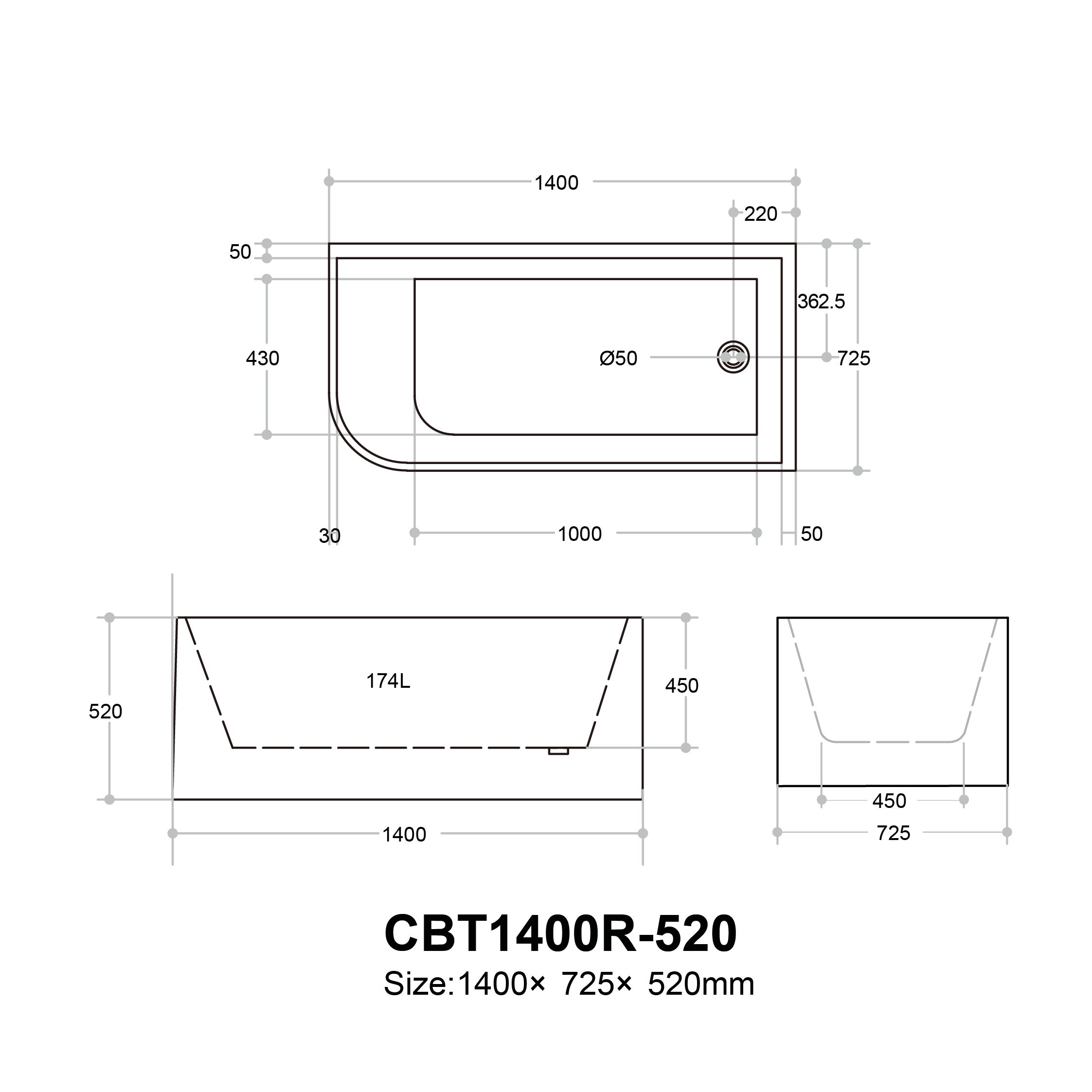 Casey Left/Right Corner Bath - Gloss White, Non-Overflow, Multiple Sizes(Height 520mm)
