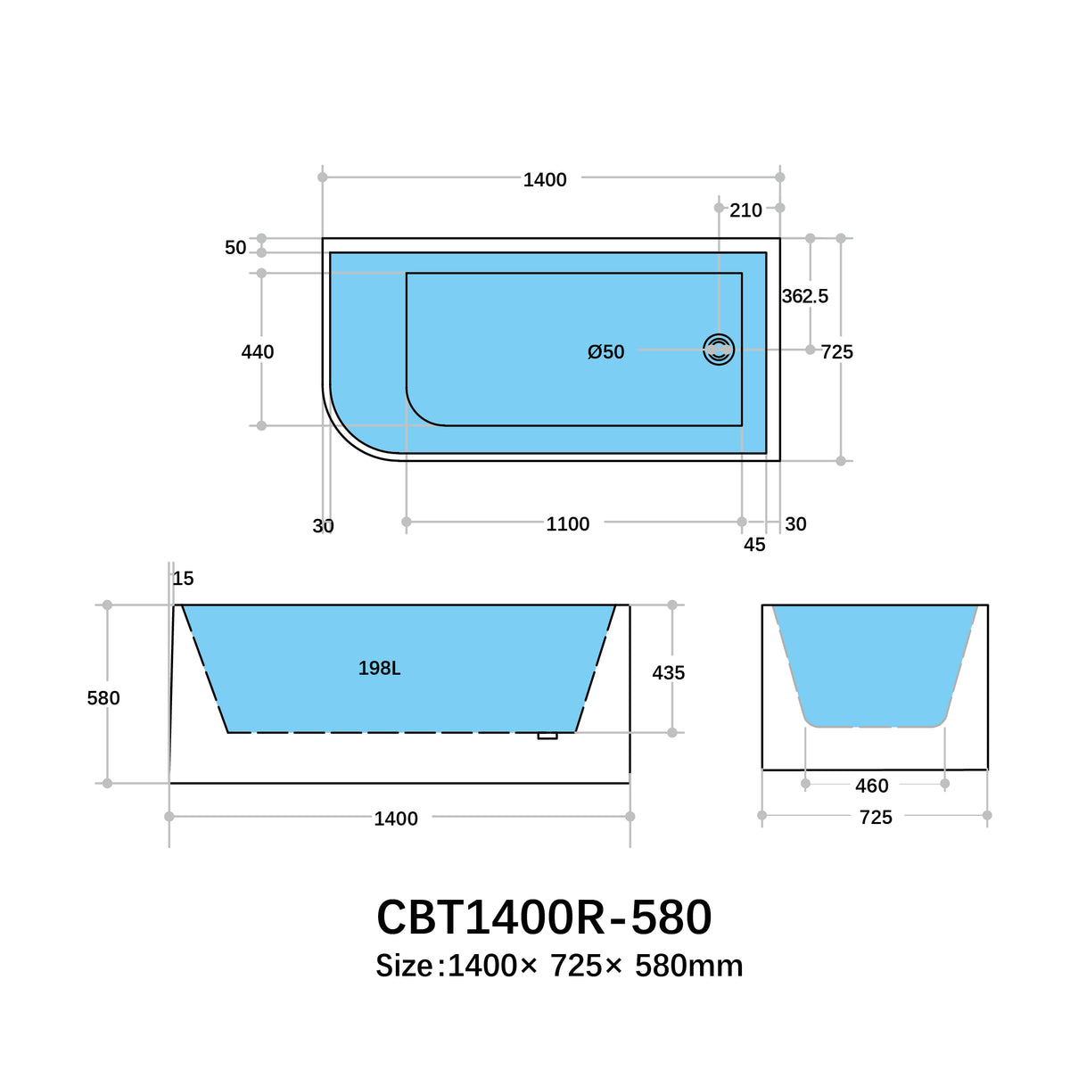 Casey Right Corner Bath 1300-1700mm(Height 510mm/580mm)