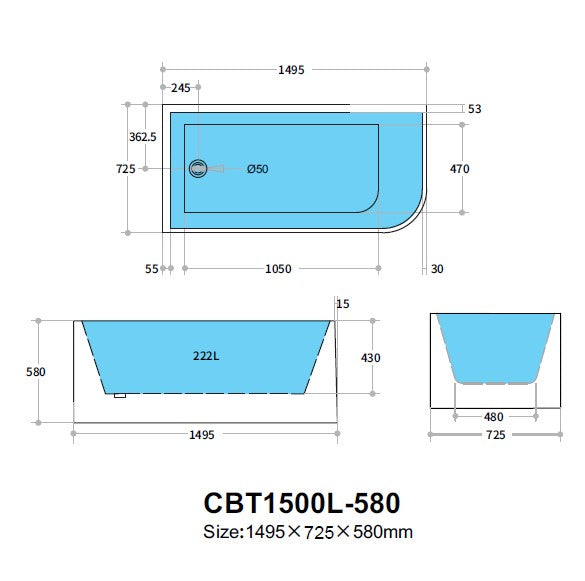 Casey Left Corner Bath 1300-1700mm(Height 510mm/580mm)