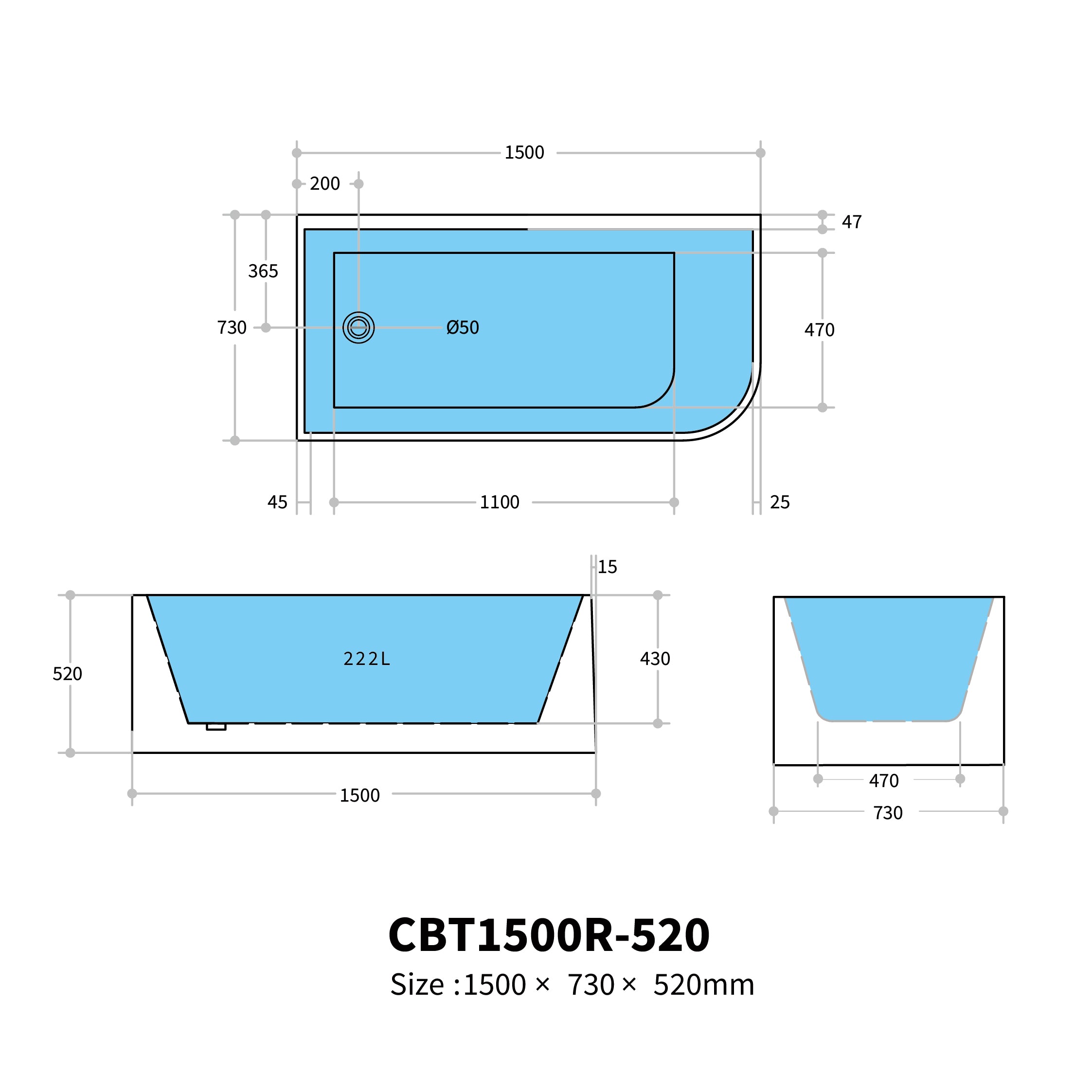 Casey Left/Right Corner Bath - Gloss White, Non-Overflow, Multiple Sizes(Height 520mm)