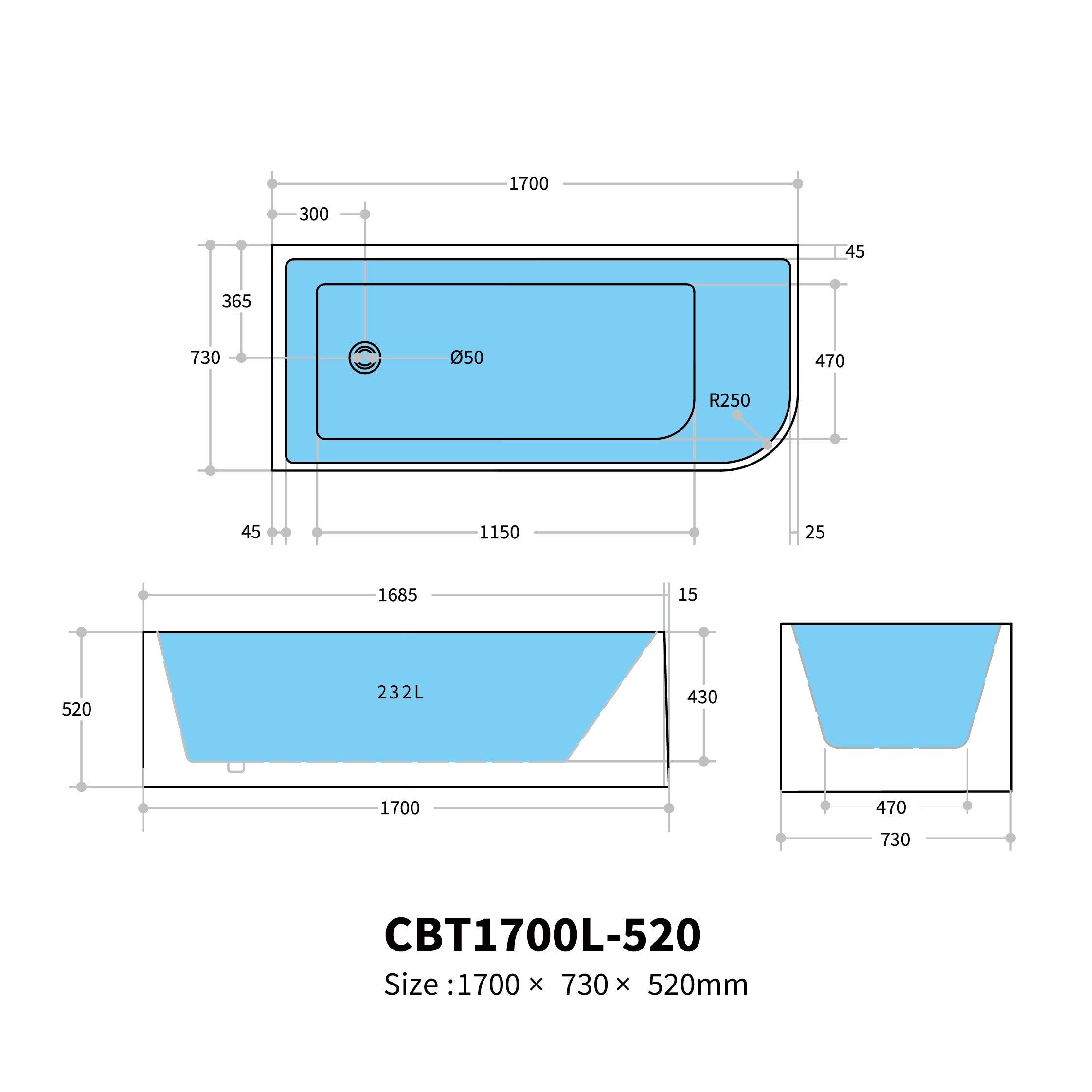 Casey Left/Right Corner Bath - Gloss White, Non-Overflow, Multiple Sizes(Height 520mm)