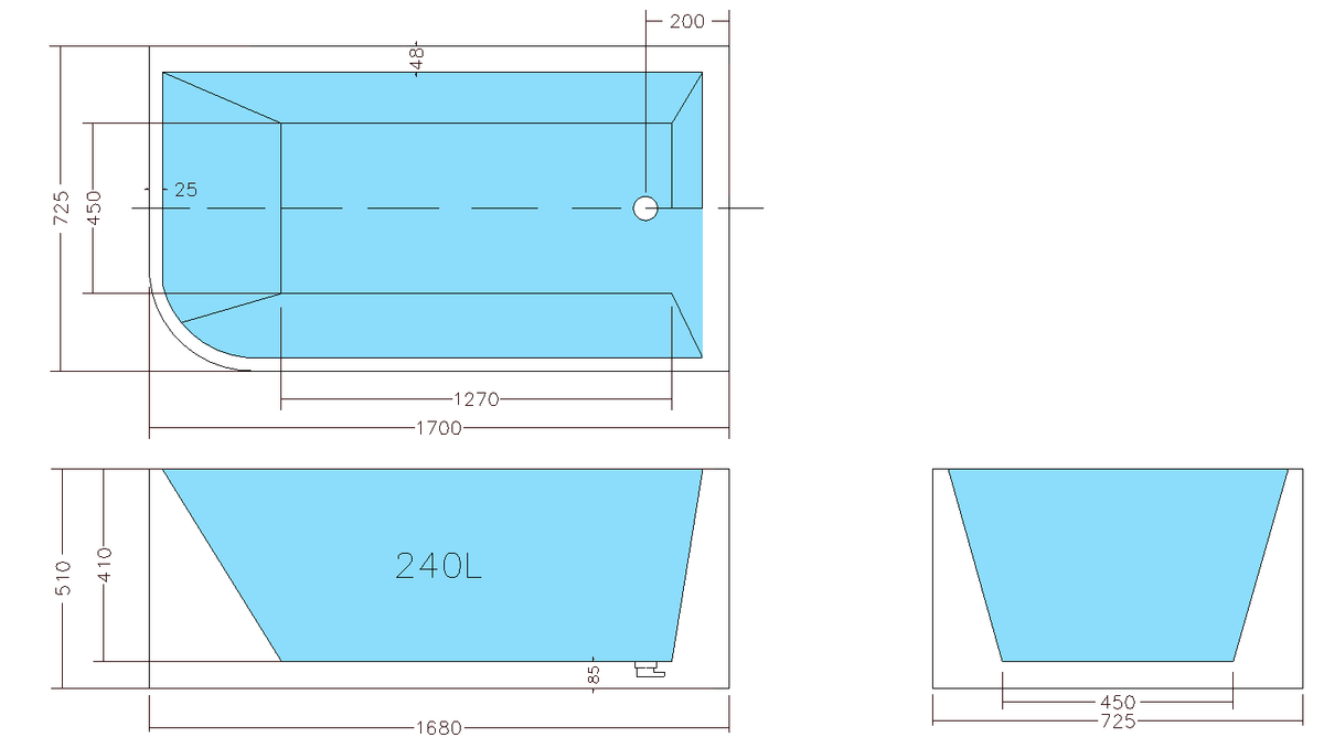 Casey Right Corner Bath 1300-1700mm(Height 510mm/580mm)