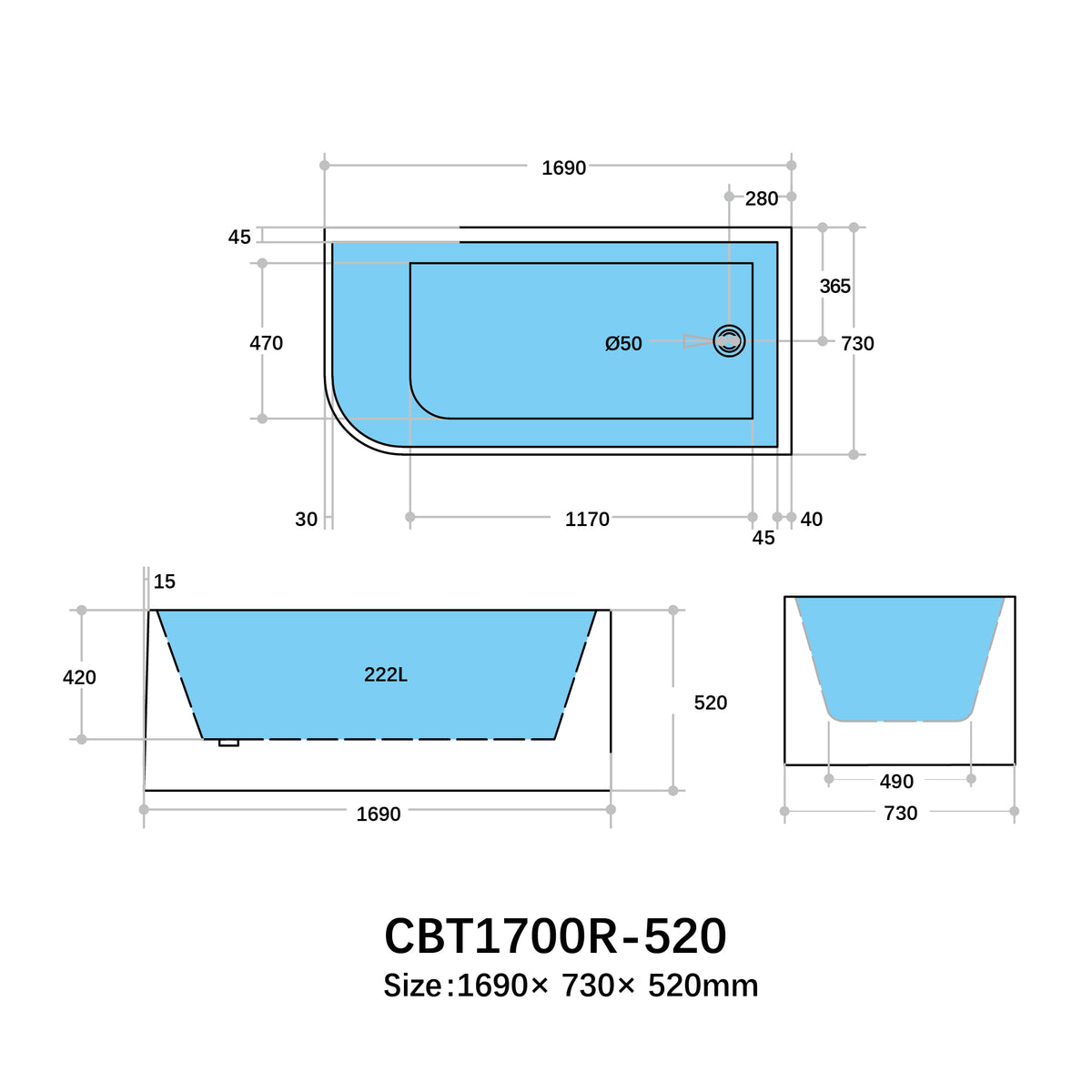 Casey Left/Right Corner Bath - Gloss White, Non-Overflow, Multiple Sizes(Height 520mm)